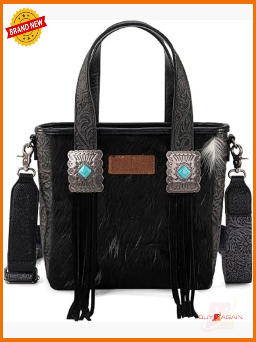 Western Tooling Tote Bag with Turquoise Stone Concho Fringed Cowhide Hair-On